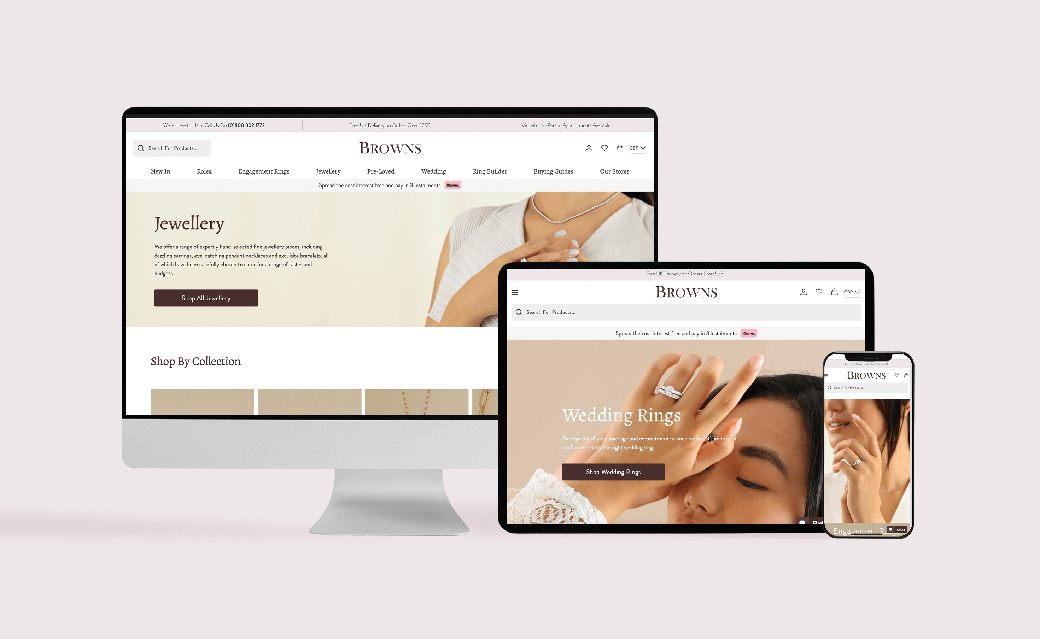 The homepage of the BROWNS Family Jewellers website on desktop, tablet, and mobile