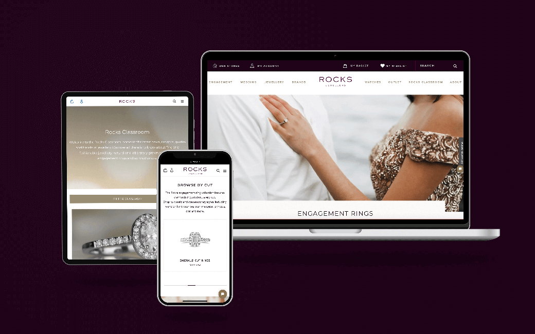 The homepage of the ROCKS Jewellery website on laptop, phone, and tablet