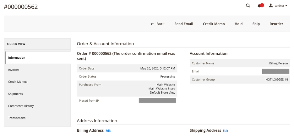 LBOP Magento order details page