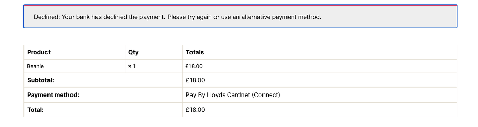 LBOP WooCommerce declined payment message