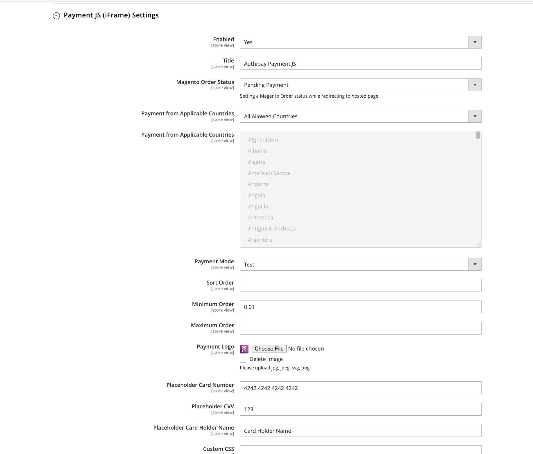 AIB-MS-AuthiPay-Magento-embedded-form-settings