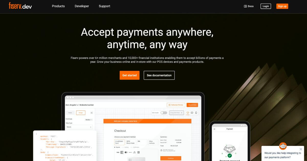 Homepage of Fiserv’s Developer Portal