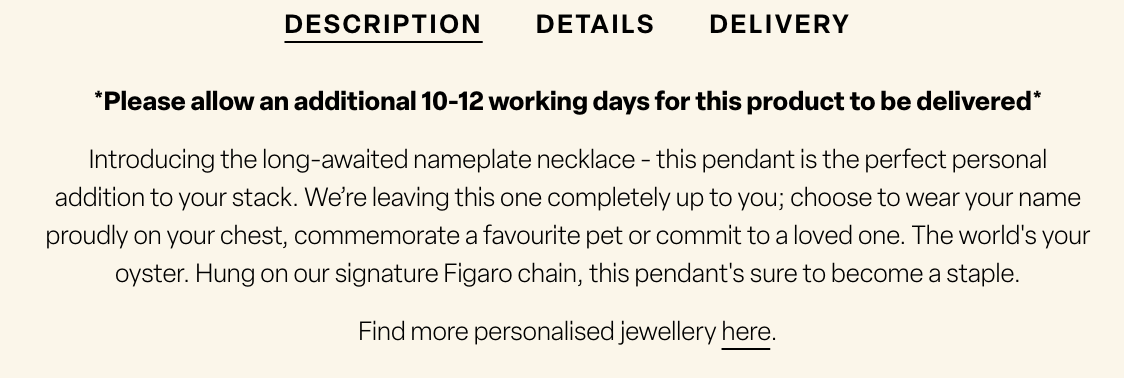 Example of a product description for a WooCommerce store selling jewellery