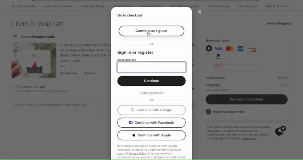 ETSY checkout as guest example 