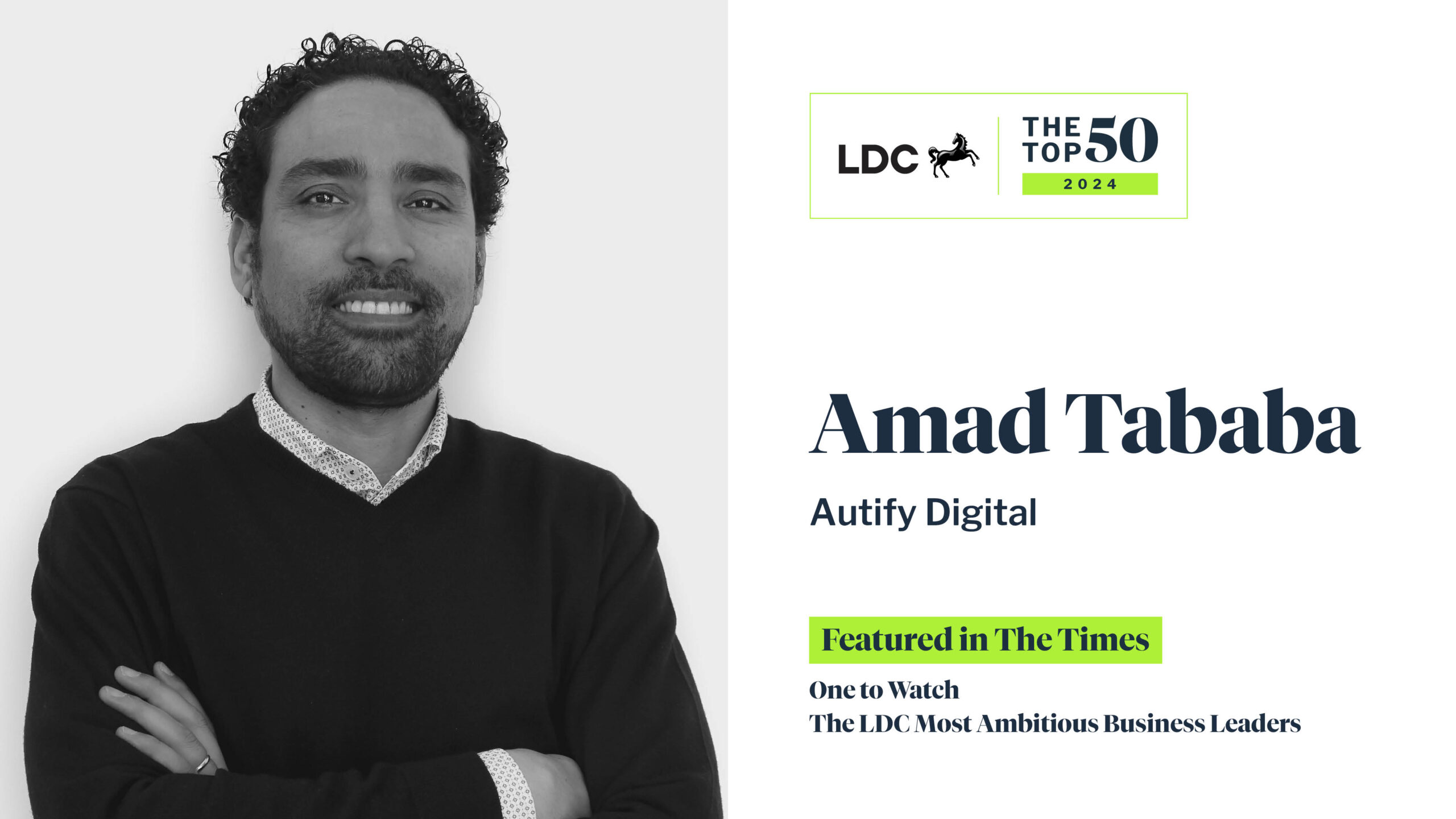 Amad Tababa headshot with LDC Top 50 logo
