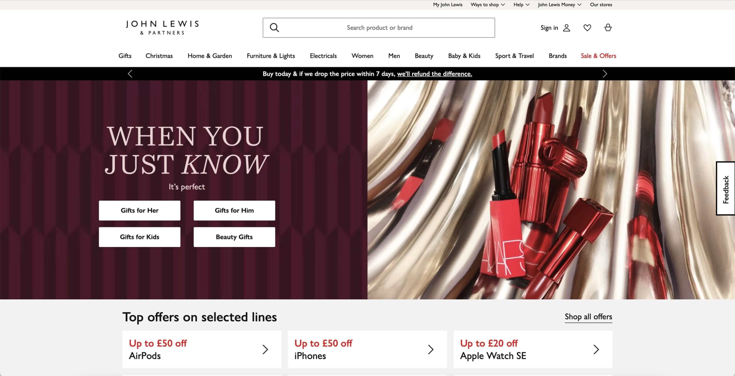 screenshot of john lewis website home page to show its good readibility and accessability
