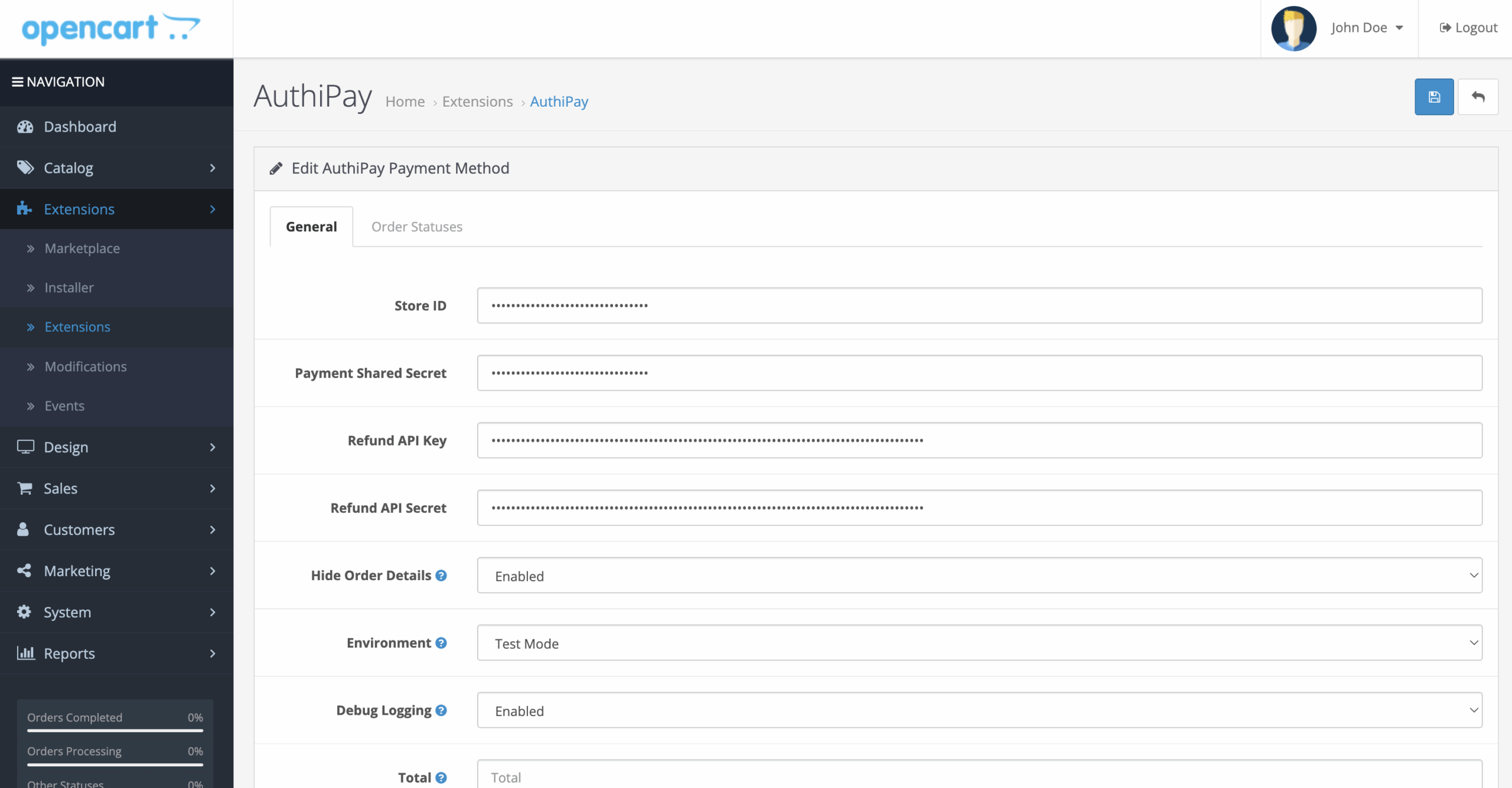 AIB-MS-AuthiPay-OpenCart-backend-settings