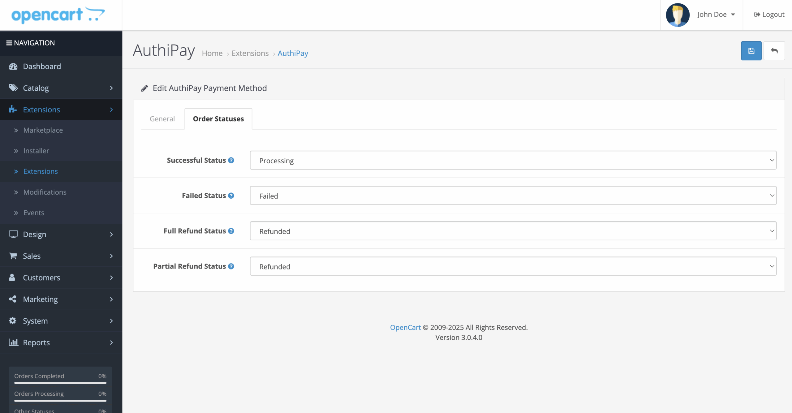 AIB-MS-AuthiPay-OpenCart-status-settings