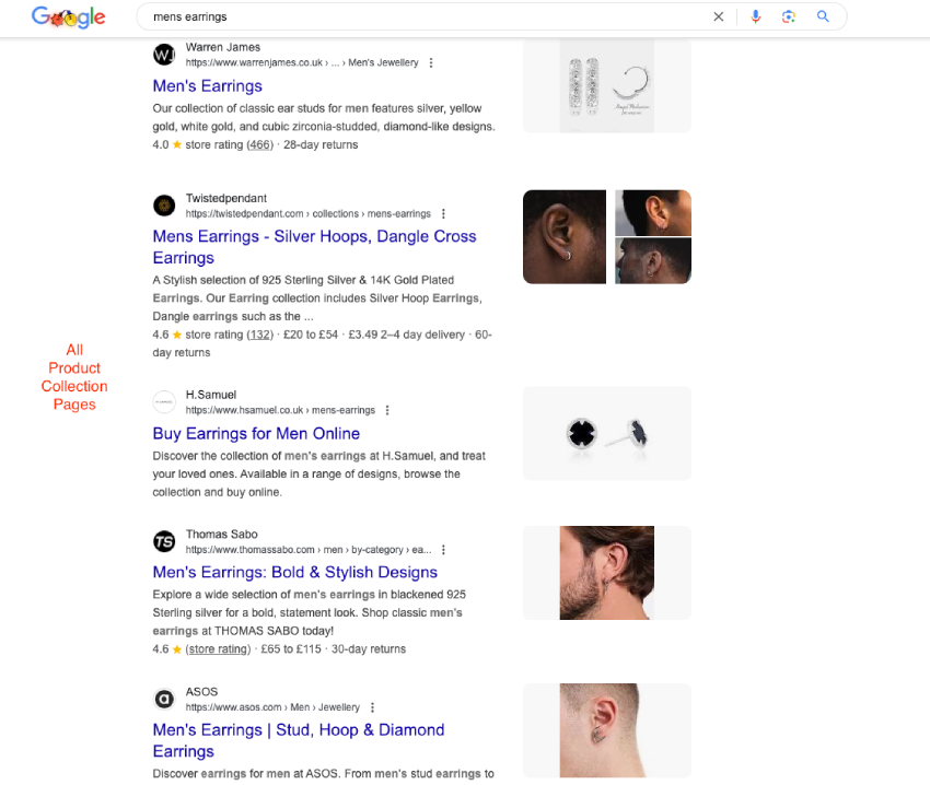 google results page for the query mens earring