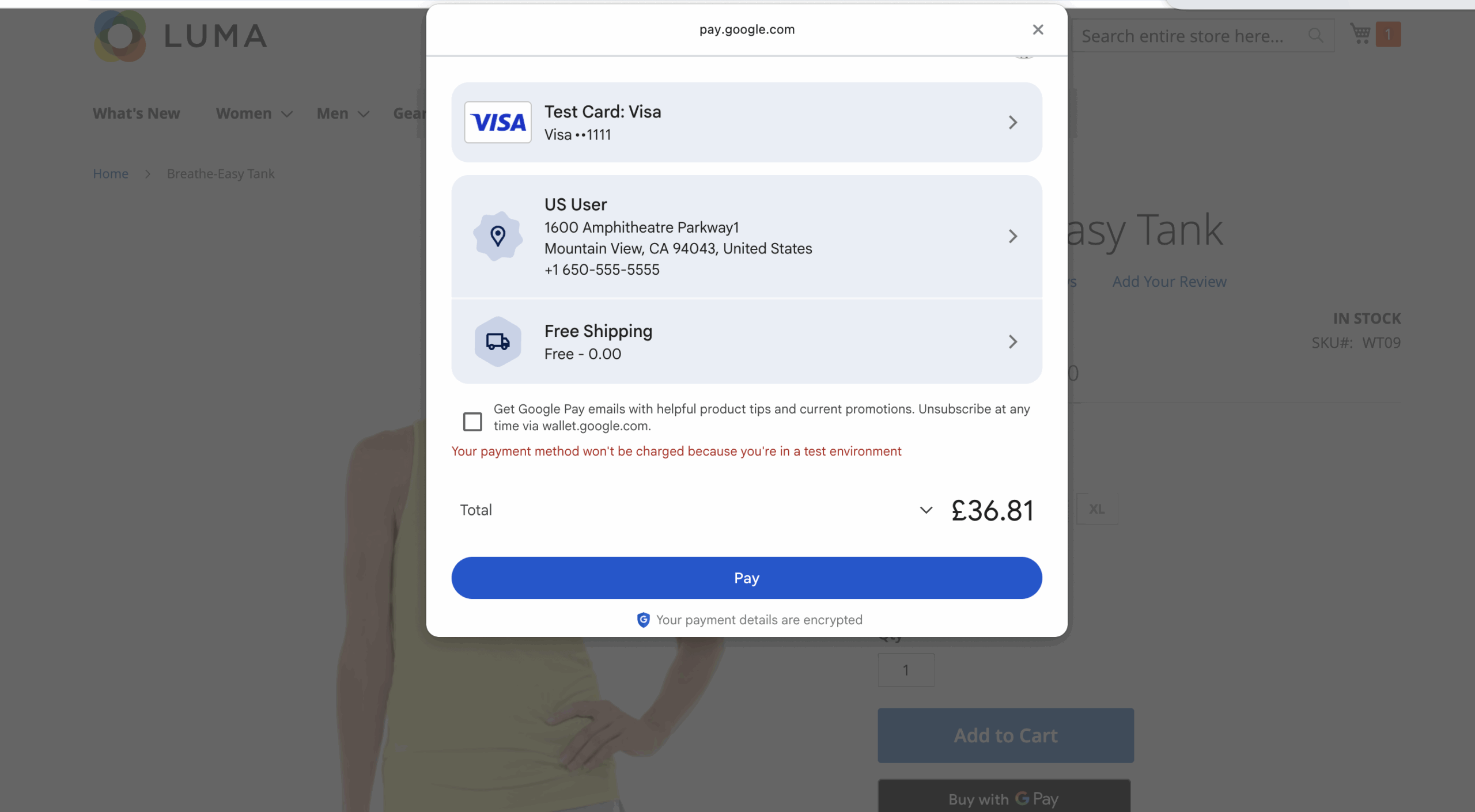 Digital wallet payment pop up on desktop