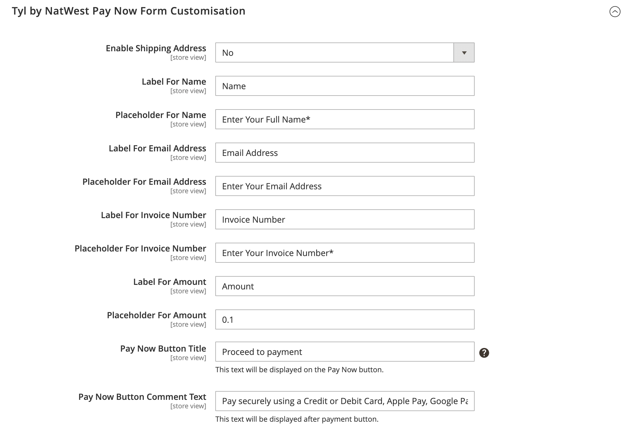 TYL by NatWest Magento Payment Form settings