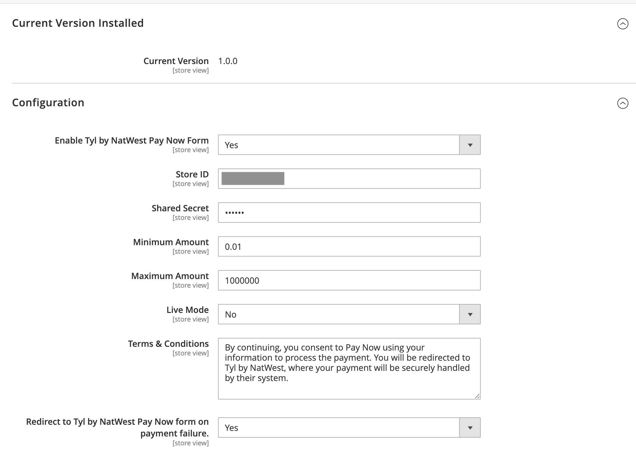 Tyl by NatWest PayNow Magento backend settings
