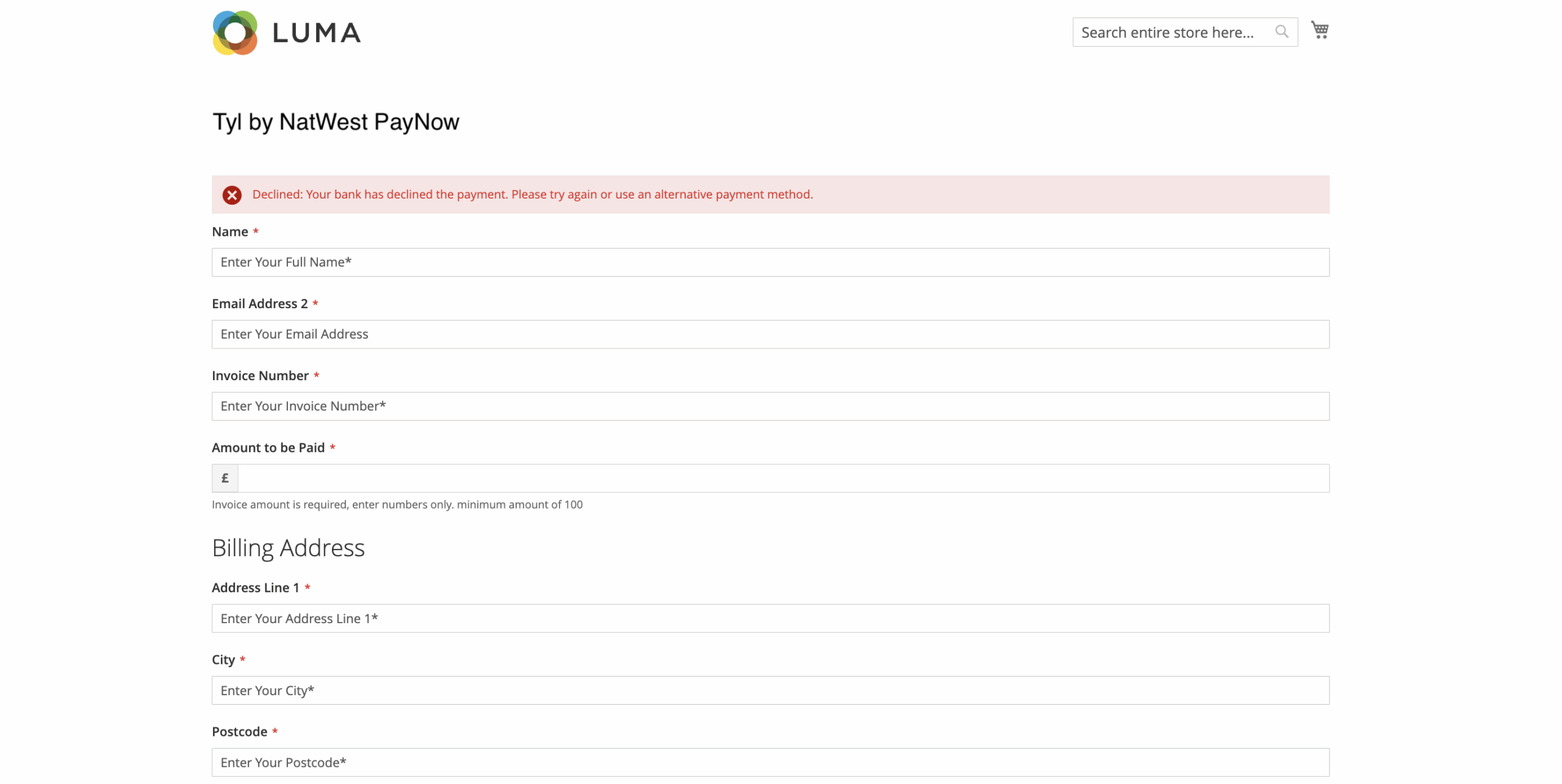 TYL by NatWest PayNow Magento declined payment